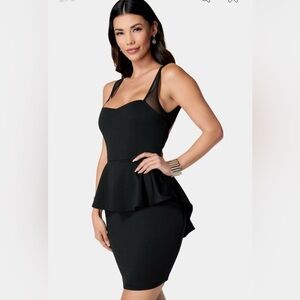 BEBE Black Peplum Bodycon Cocktail Mini Dress Open Back Sweetheart Neckline